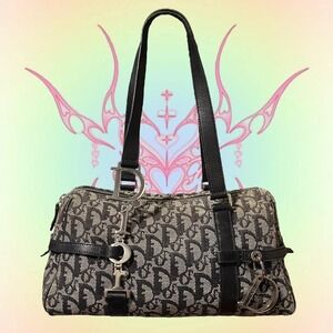 Christian Dior Navy Logo Charm Oblique Monogram Signature Trotter Boston Bag